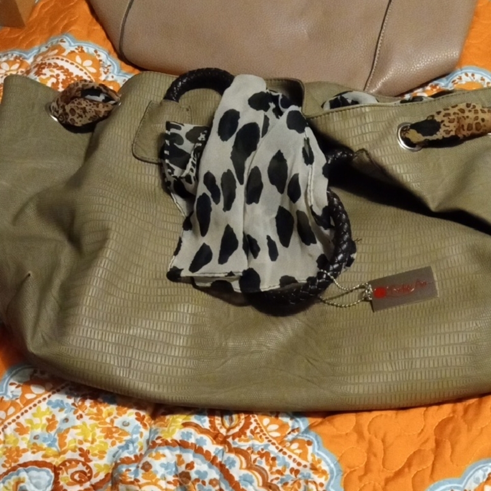 Elegant Tan Handbag with Leopard and Scarf Details
